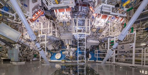  . The target bay of the National Ignition Facility (NIF), where the world’s first laboratory-scale fusion ignition and energy-gain experiment occurred in December. NIF’s 192 beams converge at the center of a spherical target chamber covered with beamlines and diagnostic instruments and deposit just over 2 MJ of UV light onto a target containing a tiny sphere of deuterium–tritium fuel. The bay served as the set for the engine room in the 2013 movie Star Trek: Into Darkness. 