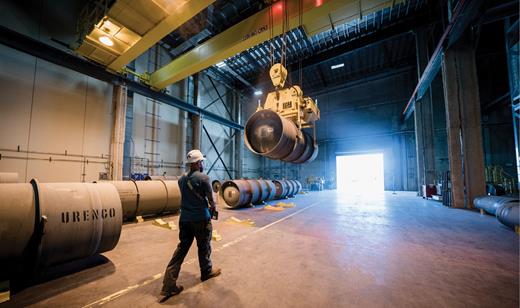 Cylinders of uranium hexafluoride are processed at Urenco USA’s enrichment plant in Eunice, New Mexico. The sole US commercial uranium enrichment facility, it provides about one-third of the nuclear fuel used by domestic nuclear power plants.