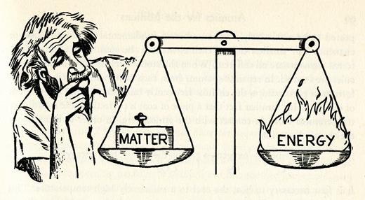 No popular-science book about 20th-century physics would be complete without a discussion of Albert Einstein and E = mc2. In their “Modern Alchemy” chapter, the authors explain the process of nuclear transmutation, the transformation of one element into another through radioactive decay or other nuclear reactions, by analogizing it to alchemy in the Middle Ages. Sendak’s illustration shows Einstein, deep in thought, pondering a balance—an alchemist’s tool—whose two arms are equally loaded with matter and energy.