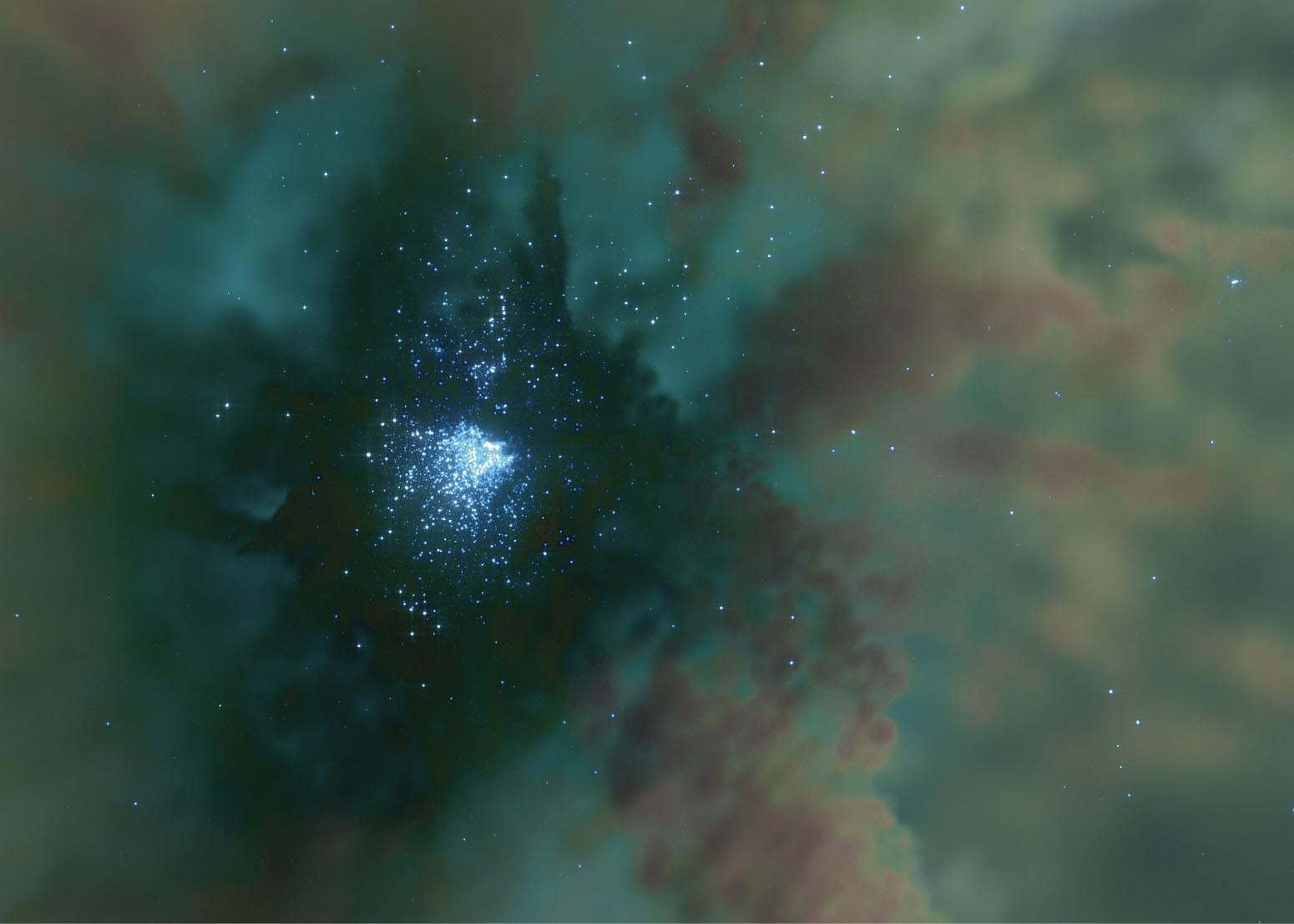 Рисунок 1: Скопление звёзд (синие точки), формирующееся в гигантском молекулярном облаке, как показано на этой художественной визуализации. Моделирование показывает, что столкновение звёзд в газовом облаке может привести к образованию очень массивных звёзд, которые могут породить чёрные дыры средней массы. Хотя астрономы зафиксировали существование чёрных дыр звёздной массы и сверхмассивных чёрных дыр, их средние аналоги оказались более труднодостижимыми.