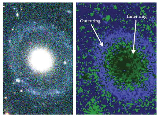 Better known as Burçin’s Galaxy, the elliptical galaxy PGC 1000714 has two rings. The outer one stands out in the false-color image at left; the inner ring is also visible in the color index map at right. Credit: Ryan Beauchemin (left); B. Mutlu Pakdil et al., Mon. Not. R. Astron. Soc. 466, 355 (2017) (right)