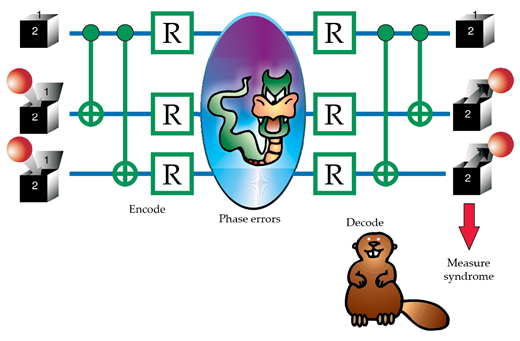 Protecting a nuclear spin from phase errors. First, some controlled-NOTs and some single-qubit quantum gates are executed to encode the spin to be protected (top left) in correlations with the two ancilla spins (shown below it). Then the three spins, now in an entangled state, are subjected to weak dephasing. Finally, the spins are decoded, and two are measured to extract a syndrome that diagnoses whether a phase error has occurred.