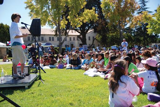 Ride speaks to a group of children at a Sally Ride Science Festival at NASA’s Ames Research Center in California in 2007. (Photo courtesy of Tam O’Shaughnessy.)