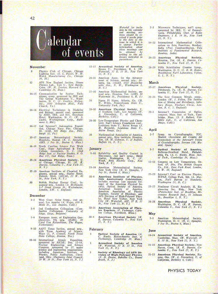 First page of Calendar of Events