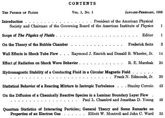 FIG. 2. Table of contents for the first issue of Physics of Fluids, published in early 1958.