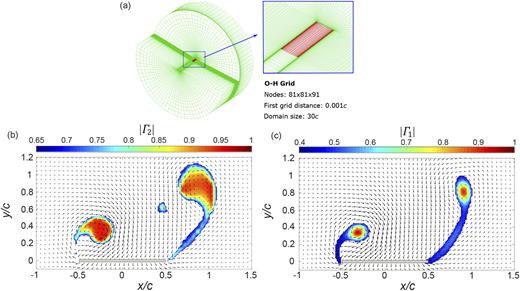 FIG. 3. Numerical method in our study: (a) computational mesh, (b) vortex boundary, and (c) vortex core location of PFP-RW.