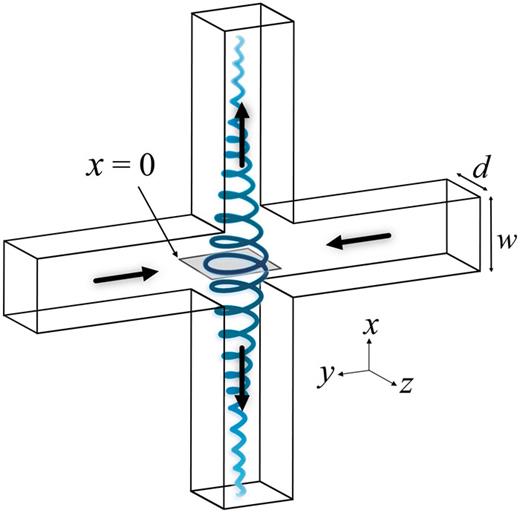 FIG. 1. A schematic diagram of a streamwise vortex forming in the cross-slot geometry for Reynolds number Re &gt; Rec. The black arrows mark the inflow along y and outflow along x. The gray rectangle marks the yz plane, where x = 0, and a stagnation point exists at (x, y, z) = (0, 0, 0). The depth, d, and width, w, of the cross section of the geometry are indicated.