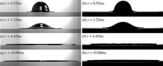 FIG. 1. Computational simulation [(a), (c), (e), and (g)] and experimental [(b), (d), (f), and (h)] results for the impingement of a single diesel drop onto a heated stainless steel surface both at 150 °C. D = 2.44 mm, V0 = 1.4 m/s.