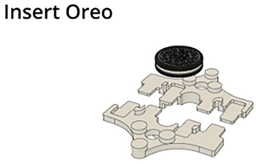 FIG. 11. This computer-rendered animation shows the assembly and use of our Oreometer including inserting the Oreo cookie into the two halves of the clamping fixture, inserting this fixture into the base, and adjusting the base separation, adding “penny castles” to the wings, adding pennies, and finally observing the fractured Oreo. Multimedia view: https://doi.org/10.1063/5.0085362.1