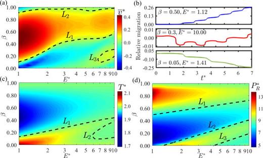 FIG. 14. Dynamics of two interacting bubbles with varied initial energy ratio E* and phase difference β. (a) Variation of bubble migration, represented by the relative speed between the two bubbles averaged over the first three and a half oscillation periods of bubble 1. The positive values indicate bubbles repelling each other and the negative attracting. L1, L2, and L3 represent where the relative speed is zero. (b) Typical time curves of the relative migration between the two bubble centers. (c) Variation of bubble period, represented by the first oscillation period of bubble 1 subjected to interaction with bubble 2. On L1 and L2, the value equals the first period of bubble 1 in a free field without other bubbles. (d) Variation of the bubble-induced pressure peak at a unit distance, indicated by the highest pressure peak reached inside bubble 1 multiplied by its radius. On L1, L2, and L3, the value equals that of bubble 1 in a free field without a second bubble.