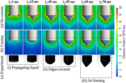 High-frequency captured Taylor cone's shape at six consecutive time steps [t1–t6] from (a) simulation neglecting corona discharge; and (b) simulation involving corona discharge (  ϕ = 6700   V), and (c) experiment. Electric field intensity is rendered as background contour. Three stages of liquid progression annotated as follows: (i) propagating liquid—liquid is advancing from the inner edge to the outer edge of the nozzle; (ii) edges covered—liquid reached the outer edge and obstructs the corona discharge; (iii) jet forming—increased electric field is inducing jet at the tip of the Taylor cone.
