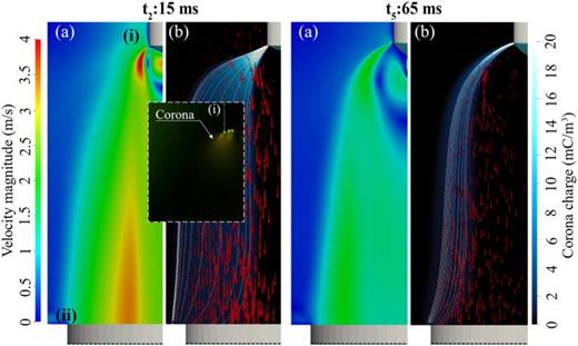 Taylor cone's shape, ion wind velocity contour, and charge cloud from corona at t2 and t5. Background contours illustrate (a) ionic wind velocity and (b) charge density from corona; vector field represents an ionic wind field; and streamline denotes an electric field. Electrodes annotated, (i) nozzle and (ii) ring electrode. Inset shows a glowing region from nearby the outer edge of dry nozzle in high voltage, which is an indicator of strong electric field.
