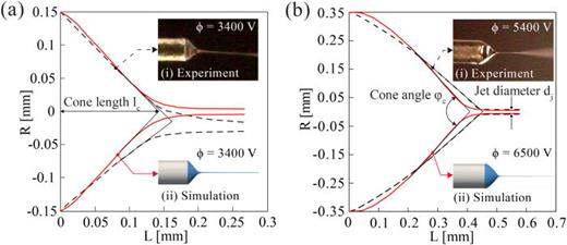 Comparison between Taylor cone's shape of experiment (dashed line) and simulation (solid line) of (a) N1 nozzle configuration and (b) N2 nozzle configuration. Insets provide images of the (i) Taylor cone in experiment and (ii) 3D rendered phase fraction from simulation. Cone angle     φ  c is approximated in the cone tip region represented by the black lines; cone length     l  c is the distance from nozzle tip (L = 0 mm) to the intersection point of the black lines.
