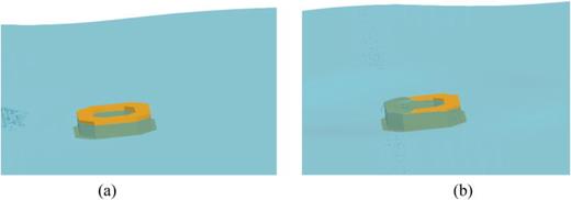 Wetted surface changes on the IDEOL platform at different sampling time periods: (a) t/T = 3.5 and (b) t/T = 4.0 with H = 5 m and T = 14.1 s.