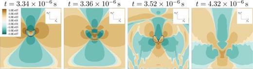 Solvent stress     τ  S , 11     ( Pa ) through the x2/x3-midplane for different time instants during the collapse for Re = 40 and initial standoff distance     h * = 1.5 in Newtonian fluid. Black isoline shows constant vapor content of    α = 0.01.