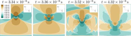 Solvent stress     τ  S , 22     ( Pa ) through the x2/x3-midplane for different time instants during the collapse for Re = 40 and initial standoff distance     h * = 1.5 in Newtonian fluid. Black isoline shows constant vapor content of    α = 0.01.