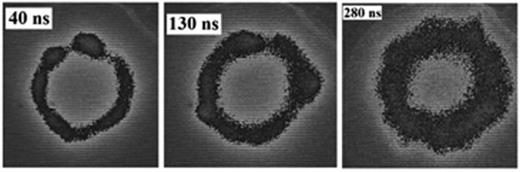 FIG. 4. Framing images of the luminescence pattern appearing on the plastic scintillator due to the interaction of the electron beam with a 127-μm-thick Ta foil placed in front of the scintillator. Frame duration is 1.2 ns, and the magnetic field is 8 kG.