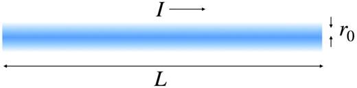 FIG. 24. A representation of a Z-pinch plasma of length L, effective radius r0, and electrical current I. Vp is the voltage difference between the left and right sides of the plasma.