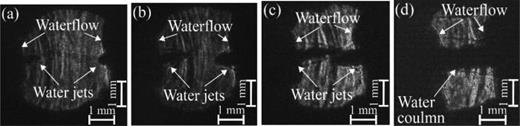 FIG. 3. Shadow images of jets propagating toward each other in air inside the capsule. (a) t = 4.2, (b) t = 4.5, (c) t = 4.8, and (d) t = 5.2 μs. The frame duration is 10 ns. t = 0 is defined at the beginning of the discharge current.