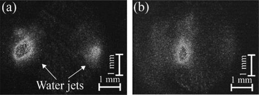 FIG. 4. Self-emission images of jets propagating toward each other in air inside the capsule. (a) t = 4.8 and (b) t = 5.8 μs. Frame duration is of 35 ns. t = 0 is the beginning of the discharge current.