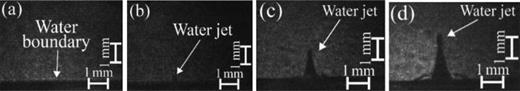 FIG. 6. Shadow images of the water jet at t = 3.5 (a), 4 (b), 4.5 (c), and 5 μs (d). The frame duration is 10 ns. t = 0 is defined as the beginning of the discharge current. Initial height of the water level is of 2 mm above the output of the conical array.