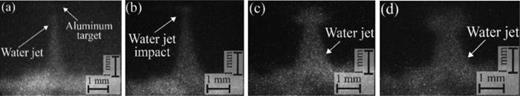 FIG. 7. Self-emission images of the water jet. (a) t = 5.1, (b) t = 5.5, (c) t = 6.1, and (d) t = 6.5 μs. The frame duration is 200 ns. Other parameters are the same as in Fig. 6.