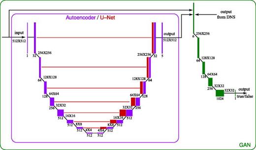 The neural network architectures are illustrated as Autoencoder in purple; U-Net in purple and red; GAN in purple, red, and green.