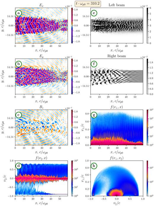 Same as on Fig. 8. Relativistic and sub-relativistic beams with thickness    σ = 6 π. Time moment    t ·  ω  p 0 ≈ 310 for run 1.