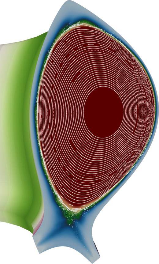 Poincare plot on a poloidal cross section of the electron density (a.u.). The toroidal surface indicates variation in the poloidal magnetic flux (a.u.). RMPs create seeds for the islands to form; further, it results in the ergodized layer, and the several plasma lobes below the X-point. There is a kink-response of the plasma, however, not clearly visible in this figure.