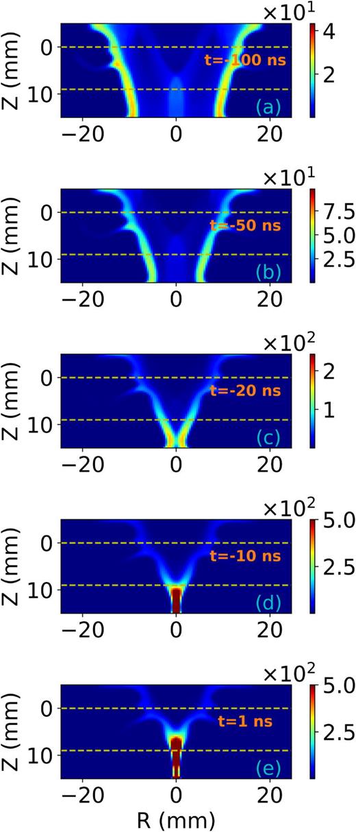 Plasma density colormap at various times. The units of the mass density are μg cm−3 as in Fig. 4. The diagnostically accessible region (   0 ≤ z ≤ 9 mm) in which measurements were made is indicated by the horizontal dashed lines.