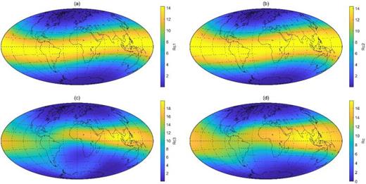 Maps of Rc obtained with analytical equations: Rc1 (a), Rc2 (b), and Rc3 (c), and of trajectory-based Rc (d) in GV, considering the Earth's magnetic field in 2020. [Associated dataset available at 10.5281/zenodo.15287681] (Elias, 2025).