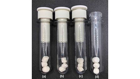 (a)–(c) Marshmallows in unpumped (a), moderately pumped (b), and highly pumped (c)
            tubes. (d) The marshmallows return to their original shape when the pump is removed.