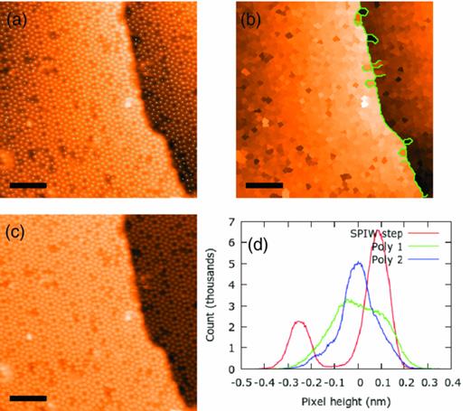 FIG. 6. (a) STM image of Si(111) step edge flattened using a first order polynomial plane, with computer vision overlay showing located atoms in cyan. (b) Image constructed such that each pixel height is equal to the height of the nearest located atom, with computer vision overlay of located step edge. (c) Image flattened in SPIW with step taken into account. (d) Histogram of pixel heights for image flattened with the SPIW step method (red), compared to first and second order polynomial plane methods (green and blue, respectively). (Scale bars 6 nm.)