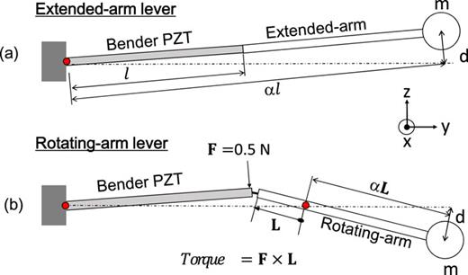 FIG. 2. (a) Extended-arm lever system. (b) Rotating-arm lever system and simplified expression for the related components of rotational motion. The red dots indicate the axes of rotation, F is the pushing force vector, L is the length vector, m is the mass of the flag, and d is the displacement of the flag head. 