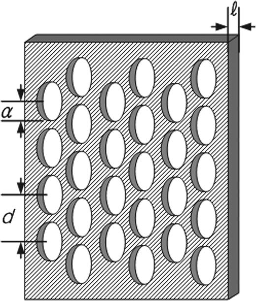 FIG. 2. Dichroic filter design with an equilateral triangular lattice array. d represents the spacing between circular holes, a their radius, and ℓ the thickness of the plate, which is the length of the circular waveguide. 