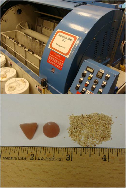 FIG. 3. Top: Centrifugal barrel-polishing machine used to polish the photogun electrodes. Bottom: plastic cones and corncob polishing media.