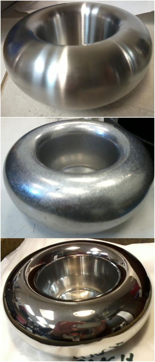 FIG. 4. Photographs show the evolution of the surface finish of the triple junction screening electrode. Top: as received form the machine shop with 32 finish. Center: after 30 min. of CBP using plastic cones. Bottom: the final result after 30 min. of CBP with plastic cones followed by 30 min. with corncob.