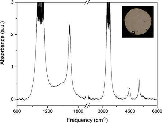 FIG. 5. FTIR spectrum of as-loaded liquid ammonia in the DAC at pressure 0.5 GPa and room temperature. In the inset, the sample aspect after the loading is shown. Two round-shaped ruby chips are clearly visible along the edge of the gasket hole. The frequency axis break excludes the frequency region where the saturating absorption of the diamond anvils occurs.