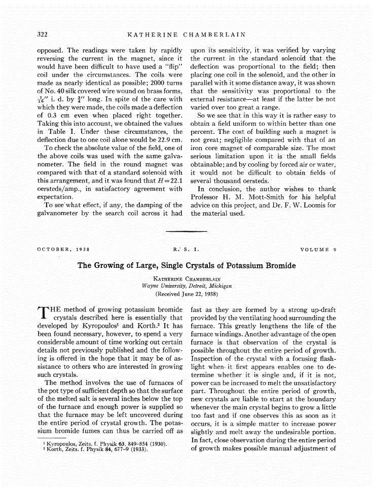 First page of The Growing of Large, Single Crystals of Potassium Bromide