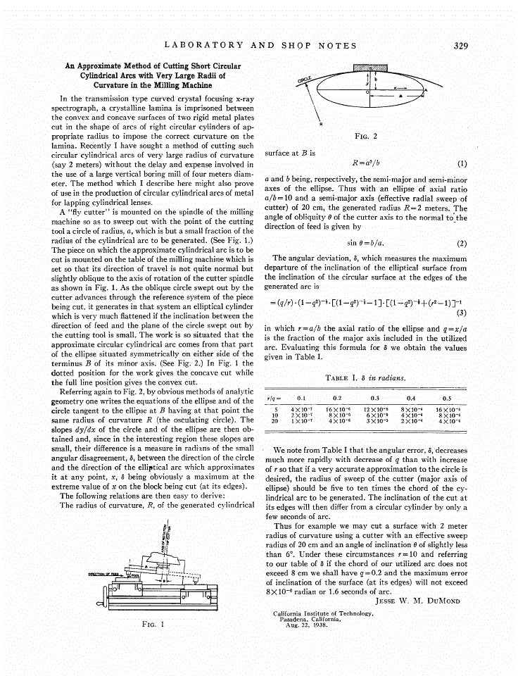 First page of An Approximate Method of Cutting Short Circular Cylindrical Arcs with Very Large Radii of Curvature in the Milling Machine