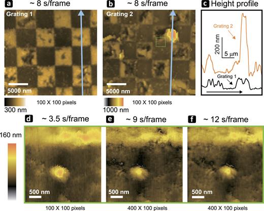 FIG. 6. HS-SICM images captured for grating samples. (a) and (b) Areas of 25 × 25 μm2 were imaged at ∼8 s/frame with 100 × 100 pixels for Grating 1 (a) and Grating 2 with a rougher surface (b). (c) Height profiles of Grating 1 and Grating 2 along the arrows shown in (a) and (b). (d)–(f) Images of the region shown with the small rectangle in (b) captured at ∼3.5 (d), ∼8.5 (e), and ∼12 s/frame (f). A set point value of 2% was used to capture these images. The fast scan direction is from the bottom to the top in these imaging experiments.