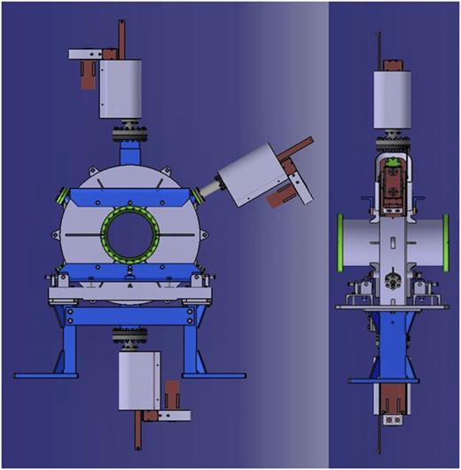 FIG. 1. The CAD design of the resonator: front view (left) and side view (right). The cavity is seen on its short support (blue) specially made for the ESR on top of an existing support. A stand-alone support structure has also been manufactured for the Collector Ring (CR) beam line. The frequency tuner plungers are situated on top and bottom. The detuner motor is seen on the side. Motors (red) are visible, whereas the bellows sections of the plunger drives are covered for protection.
