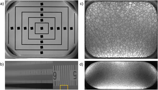FIG. 3. Calibration images from the overview camera. (a) 14.4 × 12.1 mm2 FOV of the microscope. The outermost (partial) rectangle corresponds to 12.5 × 10.0 mm2 in the object plane. Pictures from on-orbit commissioning of the SMD container with a reference SCU.25 (b) Depth of field sample in the reference SCU. The yellow rectangle indicates the depth of field of 300 μm. The calibration of the camera on board the ISS allows accurate bubble size determination in space and calibration of the DTS data. (c) Foam image obtained after foaming in a foam SCU on ground. (d) Granular sample at 59% volume filling in the granular media SCU aboard the ISS. Adapted with permission from Sütterlin, 69th International Astronautical Congress (IAC 2018), Bremen, Germany. Copyright 2018 International Astronautical Federation.