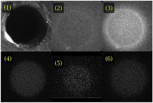 FIG. 6. (1) A photo of the x-ray source aperture (4 mm diameter) used to measure single photon sensitivity. (2) The intensified image of the x-ray source with Cu Kα 8.04 keV and Kβ 8.91 keV. (3) The intensified source image with Tb Kα/Kβ. [(4)–(6)] Direct source images from Ag, Cu, and Tb Kα/Kβ x rays.
