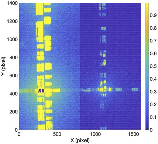 FIG. 7. X-ray images from a random wire pattern on two back-to-back stacked CISs using the APS synchrotron at the Sn K edge (x-ray energy at 29.2 keV). The small rectangles are the spot size of the illumination.