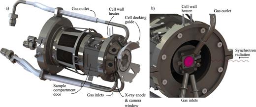 FIG. 2. (a) Computer rendering of the cell. (b) View of the substrate stage with the front part of the cell removed (sample in red) showing the position of the gas tubes and the pumping line (see Fig. 3 for a schematic view).