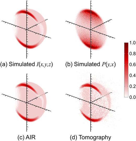 FIG. 10. Simulated example of the AIR network processing data without any cylindrical symmetry. From an initial 3D distribution (a), 105 particle trajectories are sampled and projected onto a detector plane, emulating a typical VMI experiment and producing the projection image (b). Image (b) is then processed using a trained AIR network to give (c), a prediction of the original 3D distribution from the single 2D projection. A standard filtered back projection (FBP) tomographic reconstruction algorithm was used to generate distribution (d) from a total of 37 projections (where the distribution has been rotated in 5° increments between −90° and 90° before projection), each also consisting of 105 sampled particle trajectories. A ±7.5% signal threshold has been applied to the tomographic reconstruction to filter out some of the background noise introduced by the FBP algorithm.