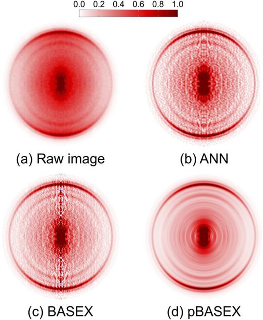 FIG. 4. Panel (a) shows a raw experimental photoelectron image from piperidine using a (1 + 1′) fs-REMPI scheme with a 200 nm pump and a 267 nm probe.51 Panel (b) presents the corresponding output of an Abel inversion ANN with the output of BASEX and pBASEX also included in panels (c) and (d), respectively.