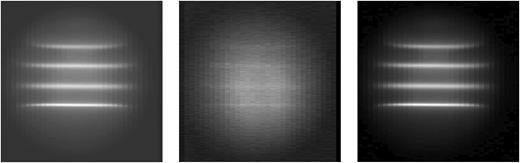 FIG. 3. Left: image taken through a 607.7 nm signal filter. Center: image taken through a 590 nm background filter. Right: Raman signal remaining after subtracting the background image from the signal image. Exposure time: 6 min.