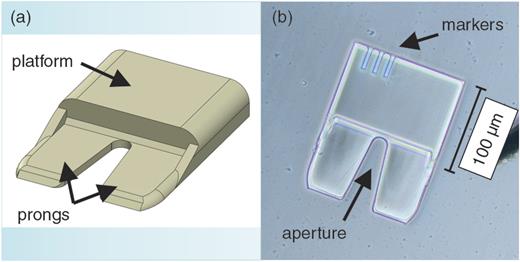 FIG. 4. (a) CAD model of the microgripper. The gripper is about 160 µm long, 120 µm wide, and 50 µm high. The platform behind the two prongs offers a flat area for mounting on the interferometric force probe as well as a height reserve to prevent incomplete 2PP-printing. (b) Light microscope image of a microgripper. On the platform, three linear marks can be seen. These marks are indicators for microgripper orientation. As grippers are printed upside down, the visibility of the marks indicates successful turning of the microgripper before gluing.